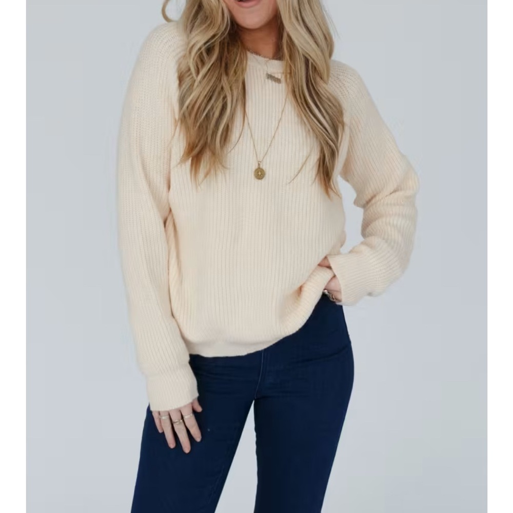 Cream Crew Neck Sweater with Soft Texture and Relaxed Fit